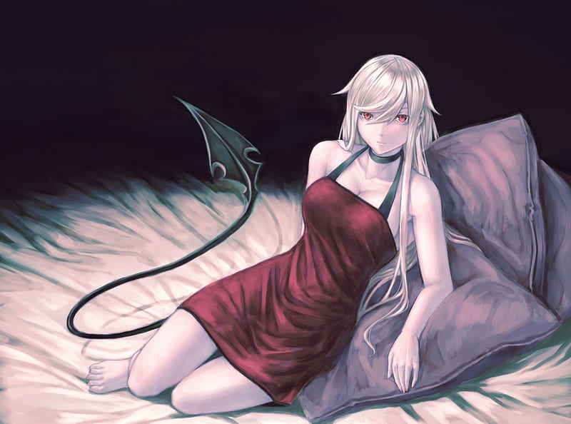 The Devil Art Pillow Dress Tail Real Anime Anime Girl Devil Long Hair Hd Wallpaper 