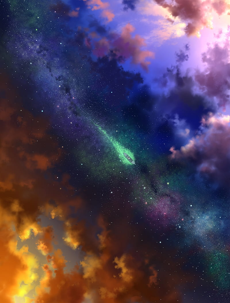 boat, stars and clouds, two dimension, fantasy world, Fantasy, HD phone wallpaper