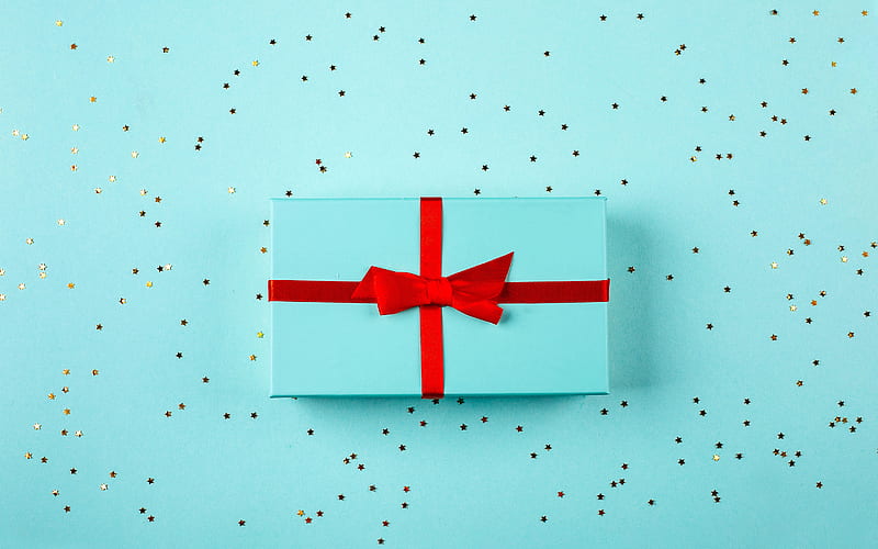 blue gift box, minimal, holiday concepts, gifts, blue box, macro, HD wallpaper