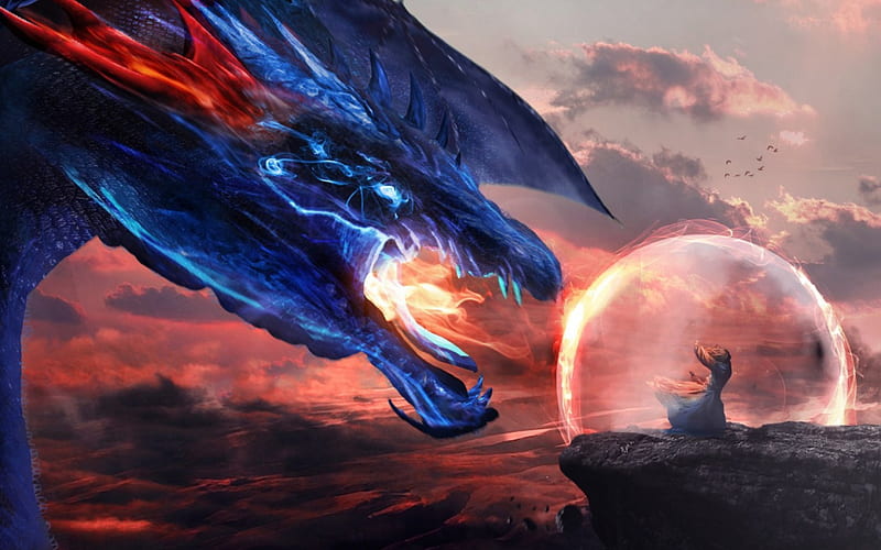 The fight, red, art, game, dragon, wizard, fire, fantasy, battle, fight, blue, HD wallpaper