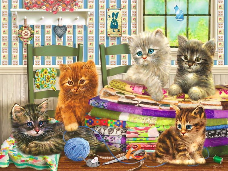 Let\'s get started, playing, cozy, interior, home, kittens, bonito, joy, yarn, mess, funny, kitties, room, cats, friends, HD wallpaper