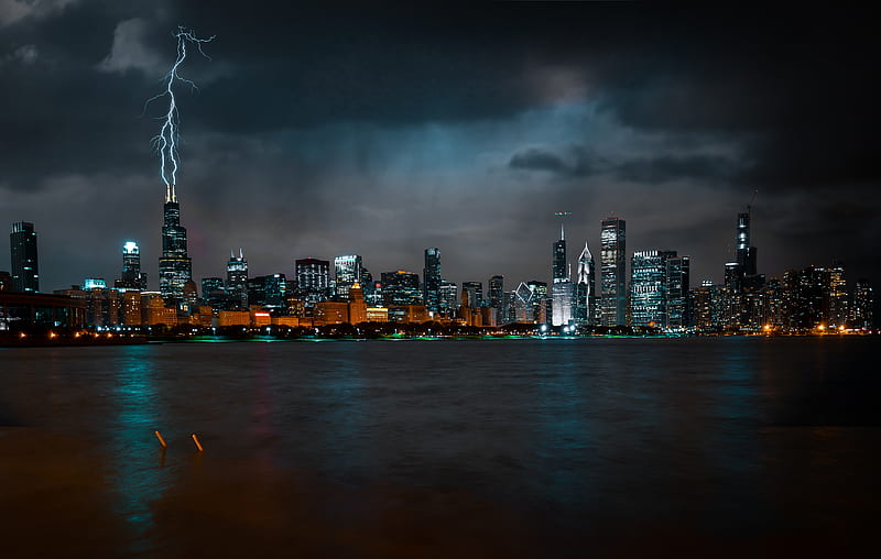 chicago, night, skyscrapers, metropolis, lightning rod, City, HD wallpaper