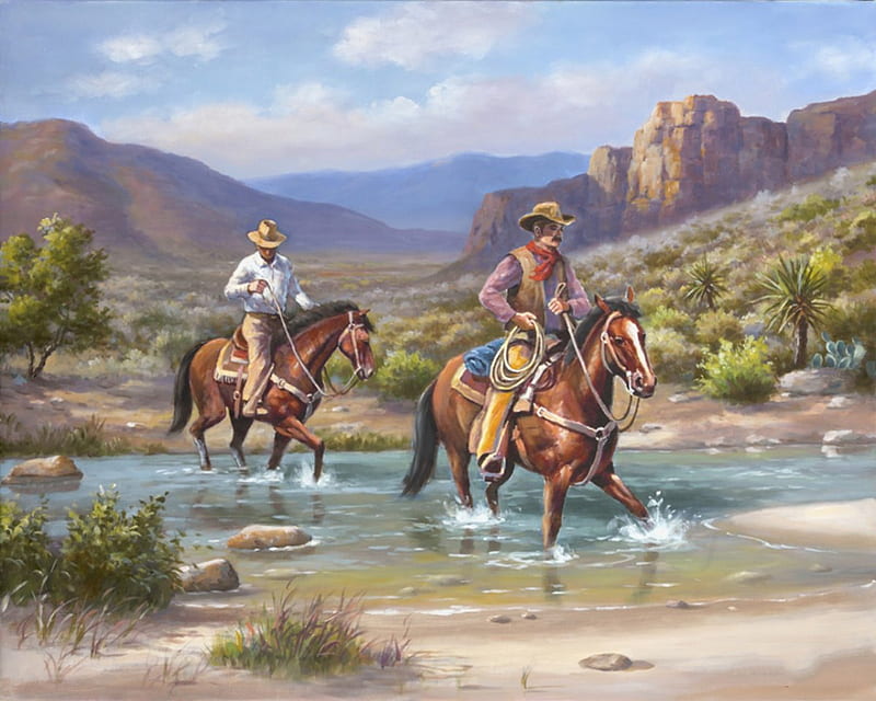 Looking For Strays, mountain, west, cowboy, lake, horses, HD wallpaper
