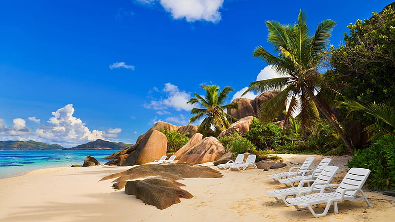 seychelles island resort, beach, rocks, lounge chairs, palms, HD wallpaper
