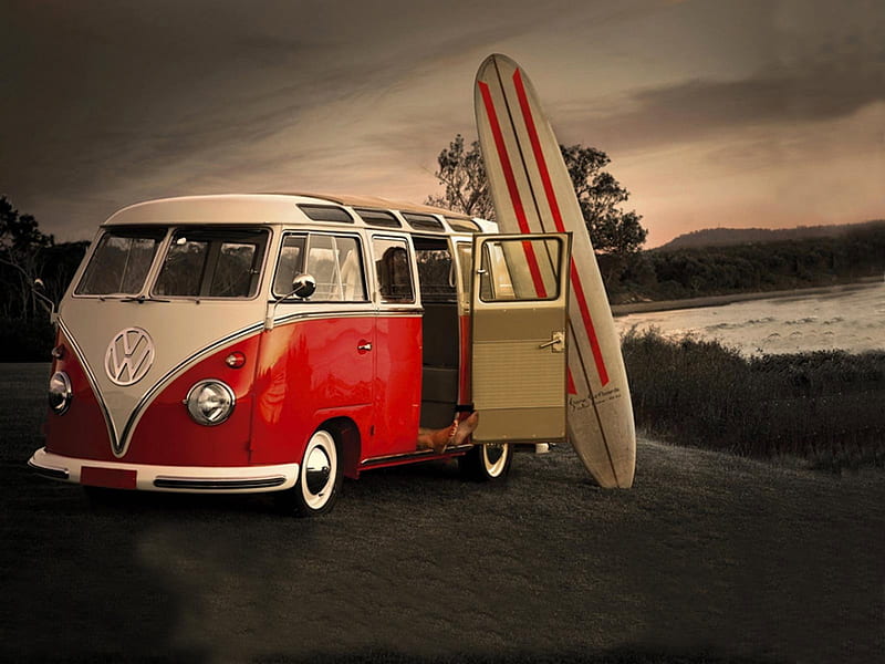 Volkswagen bus van surf surfboard surfing, rpms, dude, wave, ride, HD wallpaper