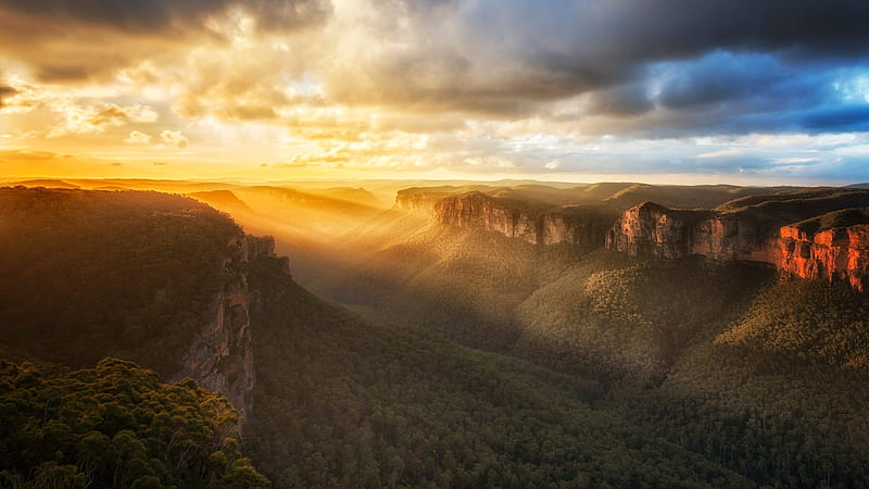 Mountains, Blue Mountains, Sunset, Mountain, Australia, Canyon, Sunbeam, Cliff, Nature, HD wallpaper