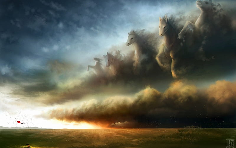 Horses in the Sky, fantasy, gray, dark, clouds, dark clouds, horses, HD wallpaper