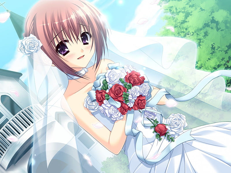 Pretty Bride, pretty, dress, house, veil, bride, bonito, elegant, floral, sweet, nice, anime, hot, beauty, anime girl, gorgeous, wed, female, cloud, lovely, gown, smile, church, sky, wedding, happy, building, cute, girl, bouquet, sex, flower, HD wallpaper