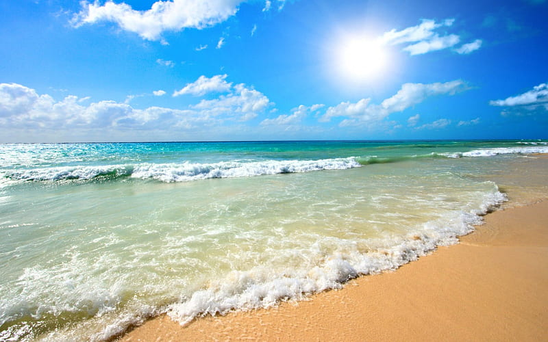 sunny beach, shore, sun, clouds, beach, sand, green, tropic, SkyPhoenixX1, blue, vacation, holiday, sunlight, waves, sky, paradise, summer, sunshine, nature, tropical, coast, HD wallpaper