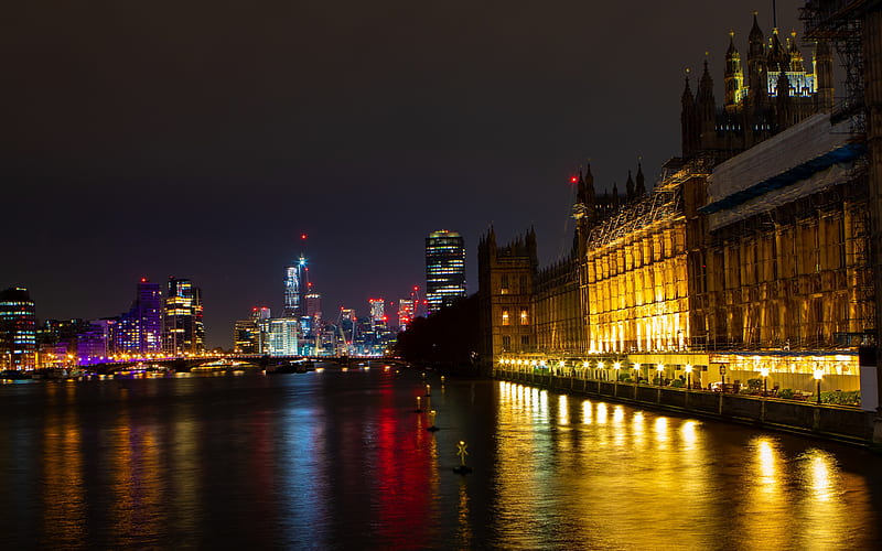 London, Palace of Westminster, night, evening, city lights, Thames river, England, cityscape, UK, HD wallpaper