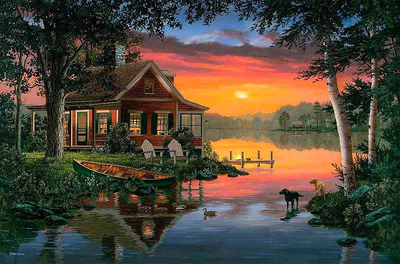 By Fred Swan, art, tree, cottage, fred swan, painting, nature, sunset, lake, HD wallpaper