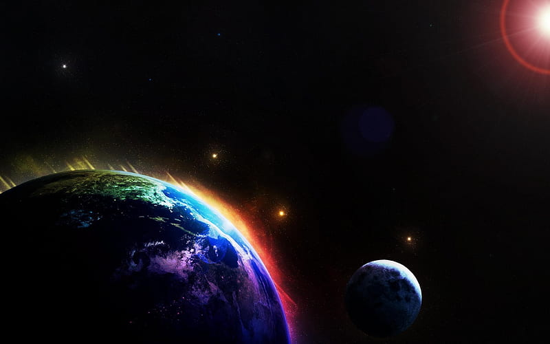 Colors Earth, planets, sun, space, colors, rainbow, moon, earth, star, HD wallpaper
