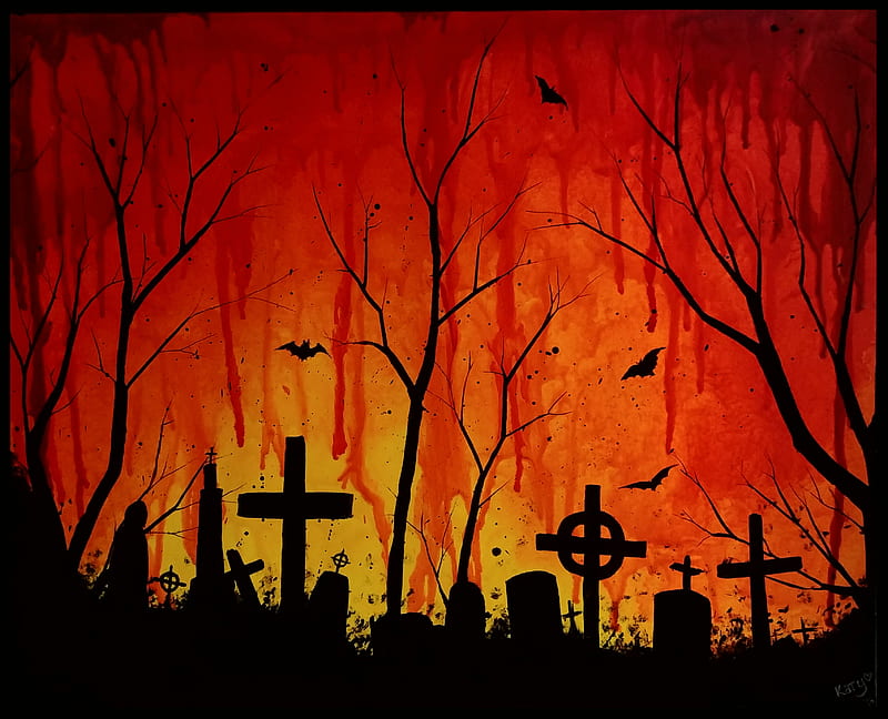 Melted wax Halloween, autumn, orange, cemetery, scary, art, meltedwax, HD wallpaper