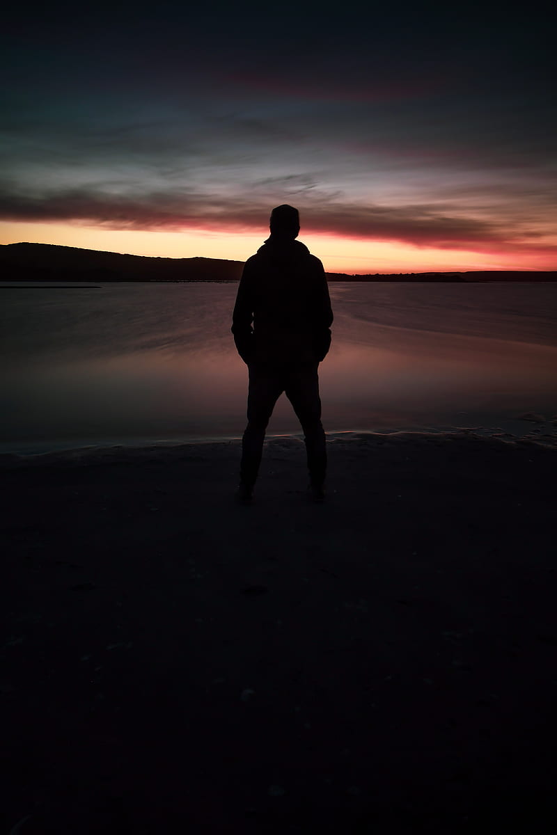 silhouette, dark, twilight, beach, lake, horizon, HD phone wallpaper