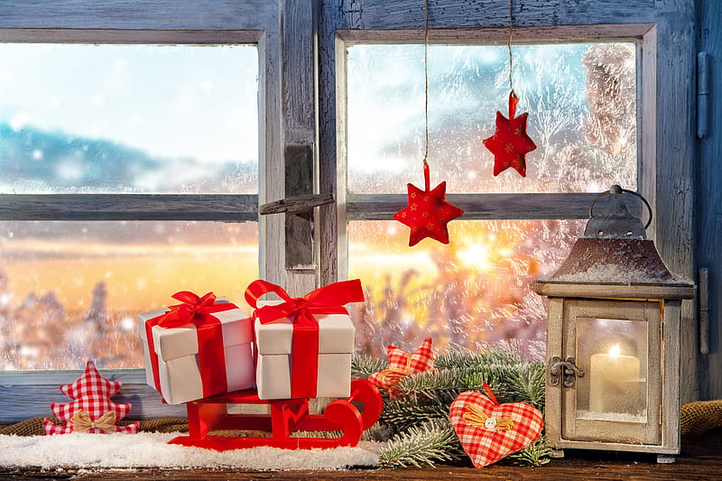 Holiday, Christmas, Decoration, Gift, Lantern, Window, HD wallpaper