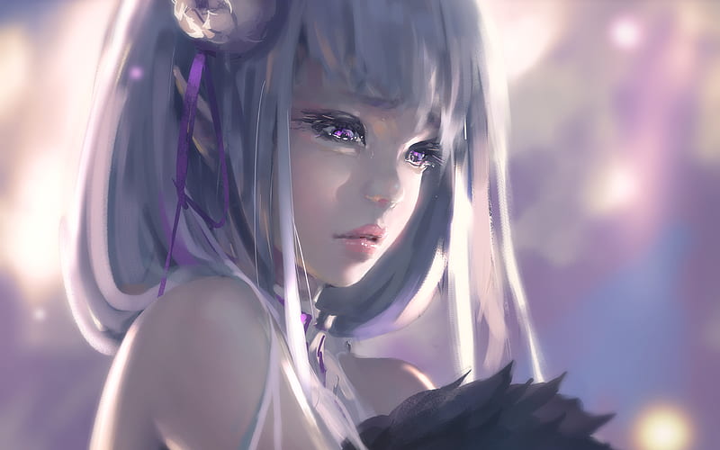 Emilia, Re Zero characters, girl with violet hair, manga, Re Zero, artwork, HD wallpaper