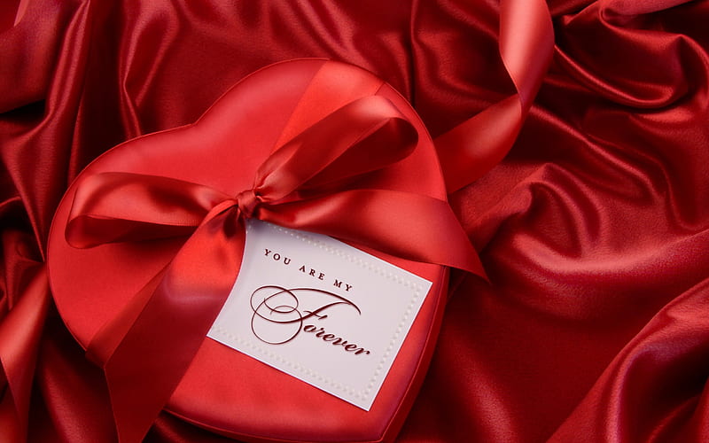 Red heart gift box, romantic gift, love concepts, Valentines Day, February 14, red silk bow, HD wallpaper