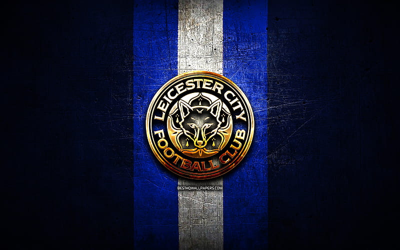 Leicester City FC, golden logo, Premier League, blue metal background, football, Leicester City, english football club, Leicester City logo, soccer, England, HD wallpaper