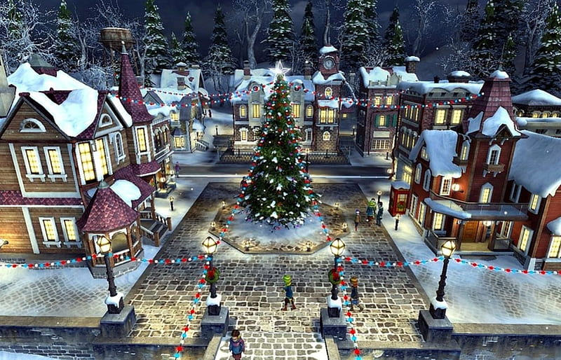 Christmas Town, christmas tree, snow, people, houses, painting, artwork, firs, HD wallpaper