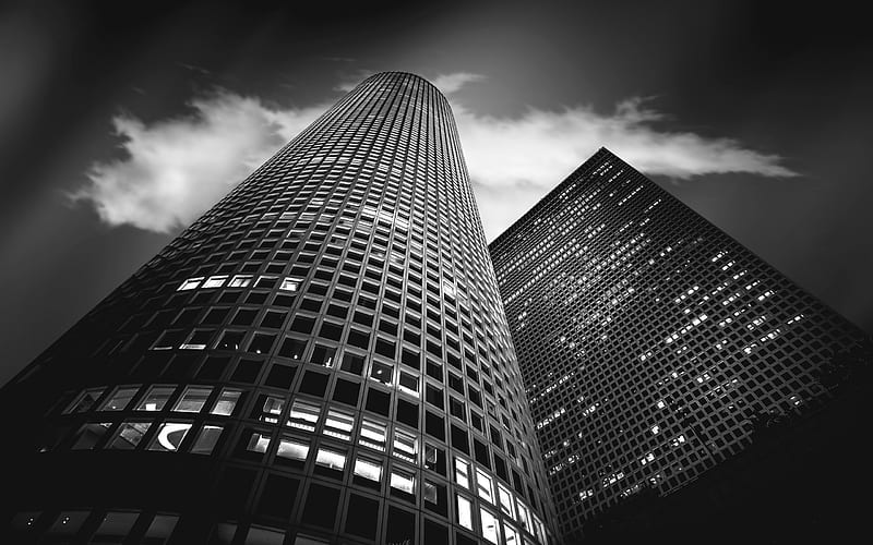 night, skyscrapers, modern architecture, business center, black and white of a skyscraper, HD wallpaper