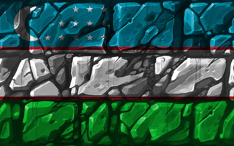 Uzbek flag, brickwall Asian countries, national symbols, Flag of Uzbekistan, creative, Uzbekistan, Asia, Uzbekistan 3D flag, HD wallpaper