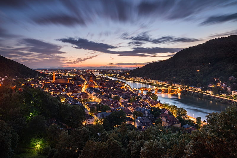 Heidelberg Germany at Twilight, Cityscapes, Sky, Twilight, Bridges, Germany, Rivers, Sunsets, Nature, HD wallpaper