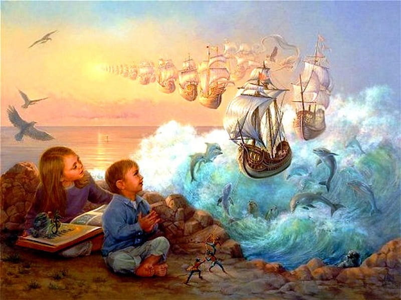 Voyage of Light, dolphins, painting, children, seagulls, sailships, sea, HD wallpaper
