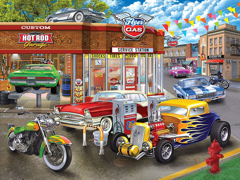 Hot Rod Garage, artwork, painting, bikes, cars, HD wallpaper