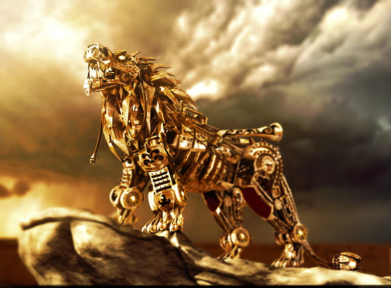 Golden Lion, abstract, cg, golden, dog, HD wallpaper