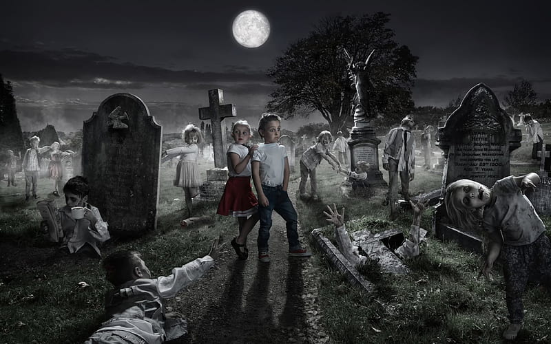 Zombie Kids, Halloween, cemetery, Zombies, Kids, graves, spooky, HD wallpaper
