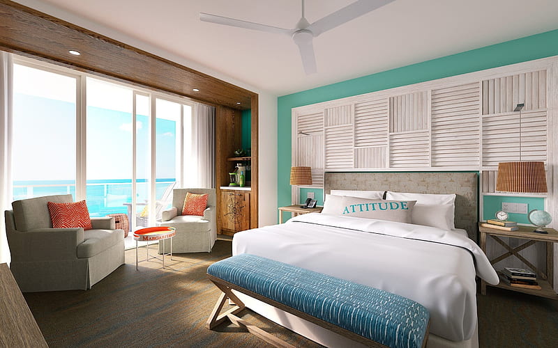 bedroom interior, modern design, wood paneling, blue walls, bedroom, HD wallpaper