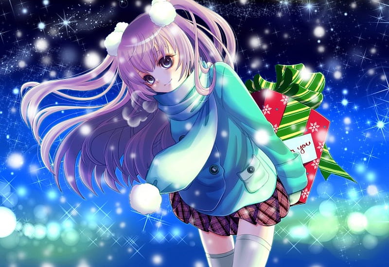 Gift, pretty box, bonito, sweet, nice, anime, beauty, anime girl, long hair, present, female, lovely, christmas, winter, merry christmas, snow, scarf, pink hair, HD wallpaper