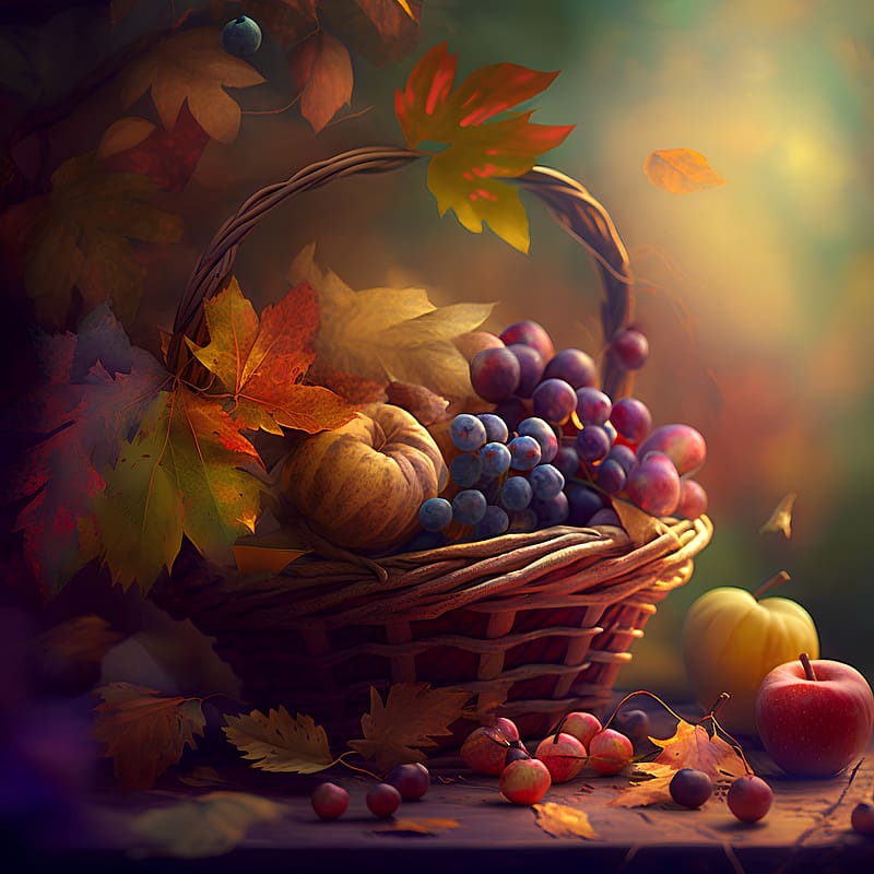 Autumn wicker basket, Harvest, Blurred, Fruits, Still life, Fresh, Garden, HD wallpaper