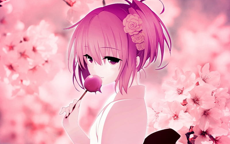 Sakura, candy, kimono, cherry blossom, japan, girl, flowers, orginal, pink, HD wallpaper