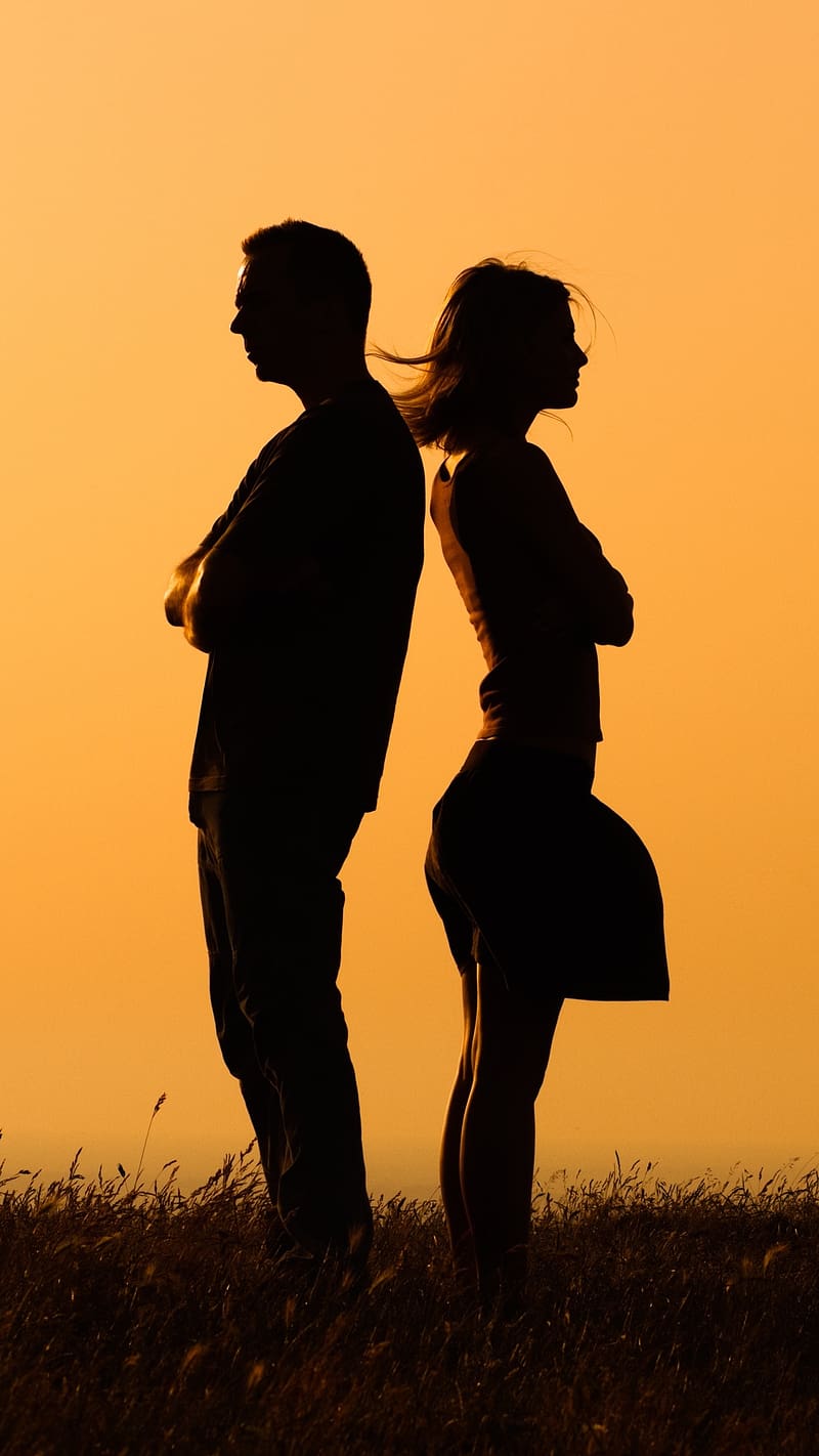 Breakup, Couple Standing Back To Back, couple, standing, back to back, yellow background, HD phone wallpaper