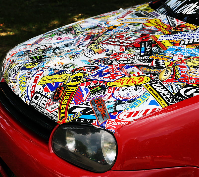 StickerBomb Car, car, dope sticker, stickerbomb, wv golf, HD wallpaper