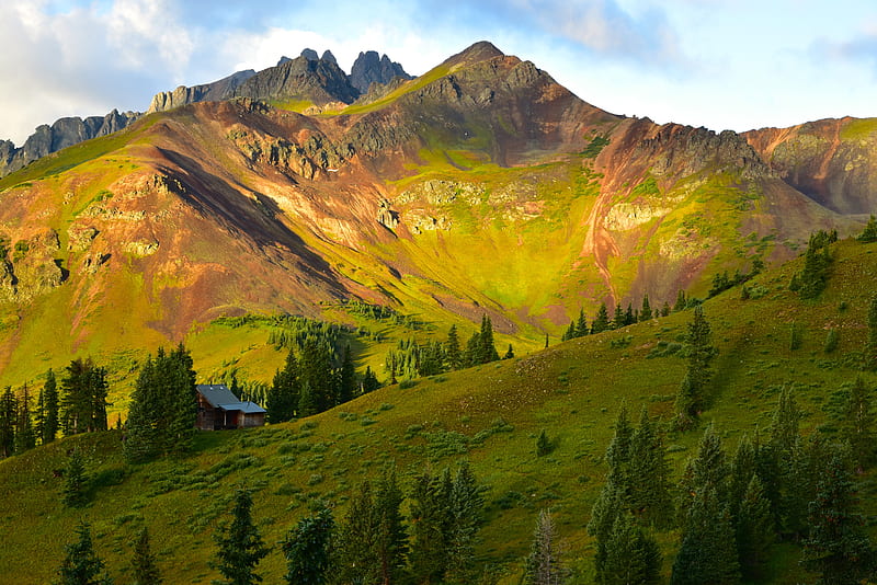 mountains, rocks, trees, building, HD wallpaper