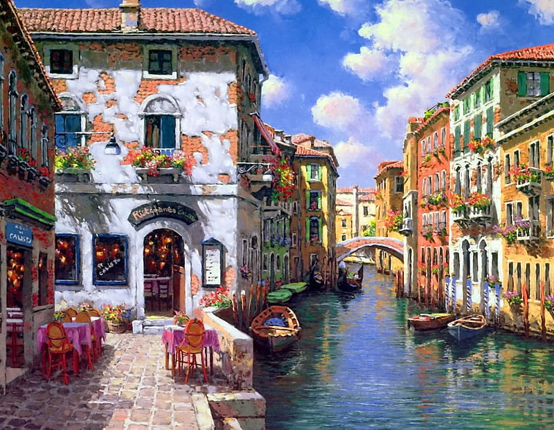 Venetian colors, rest, art, cafe, romantic, canal, town, colors, Venice, water, restaurant, painting, summer, flowers, reflection, HD wallpaper