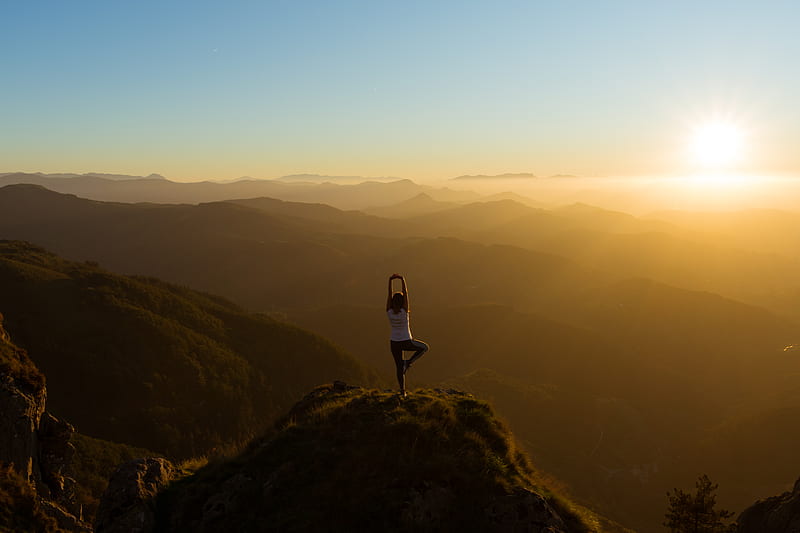 woman stretching on mountain top during sunrise, HD wallpaper