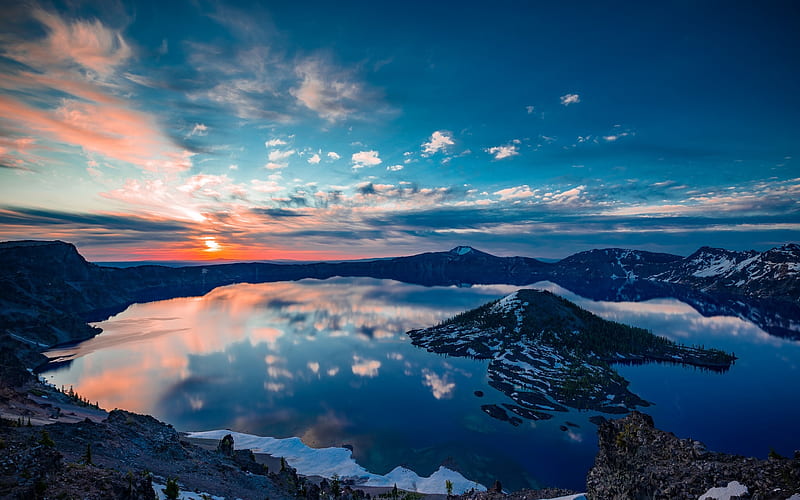 Crater Lake, sunset, mountains, America, Oregon, USA, HD wallpaper