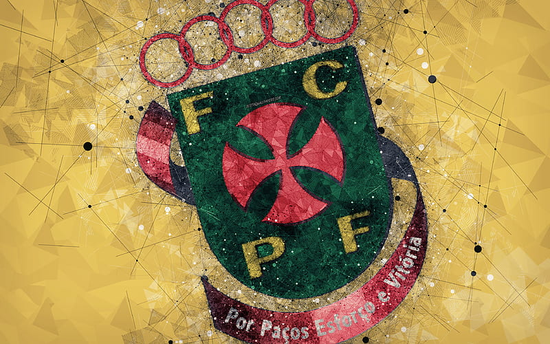 FC Pacos de Ferreira geometric art, logo, Portuguese football club, emblem, yellow background, Primeira Liga, Pacos de Ferreira, Portugal, football, creative art, HD wallpaper