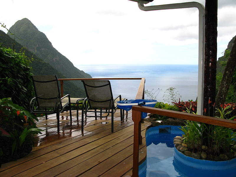 View from Ladera, ladera, green, porch, view, mountains, pitons, deck, st lucia, HD wallpaper