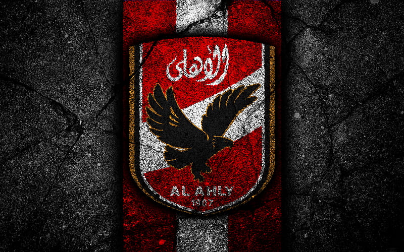 FC Al Ahly, logo, Egyptian Premier League, EPL, soccer, Egypt, black stone, Al Ahly, football, Asphalt texture, Al Ahly FC, HD wallpaper