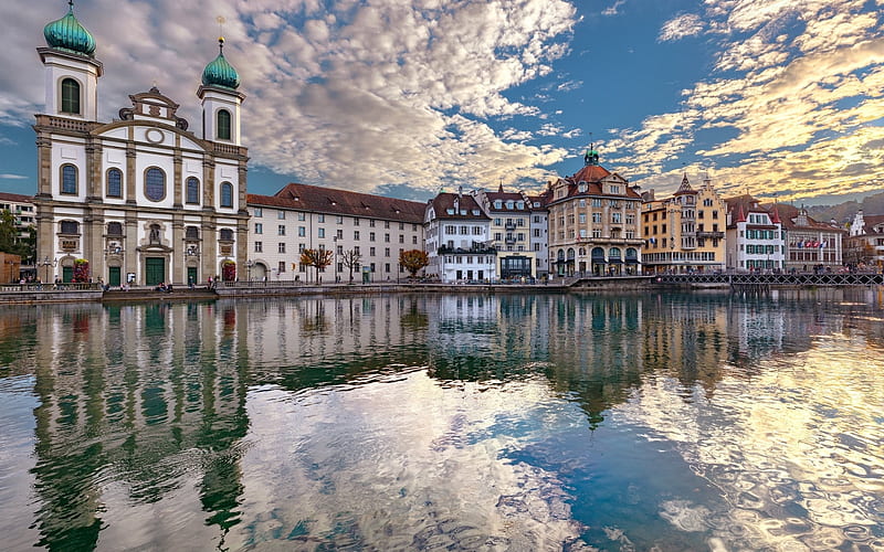 Lucerne, Switzerland, Lucerne, bridge, houses, Switzerland, river, clouds, church, reflection, calm, HD wallpaper