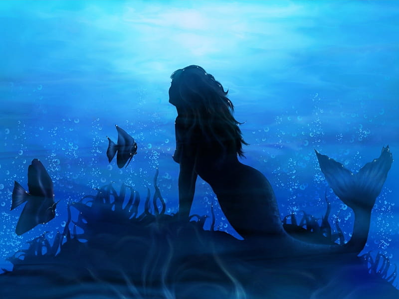 Mermaid, peste, siren, sea, blue, fish, silhouette, vara, water, girl, summer, HD wallpaper