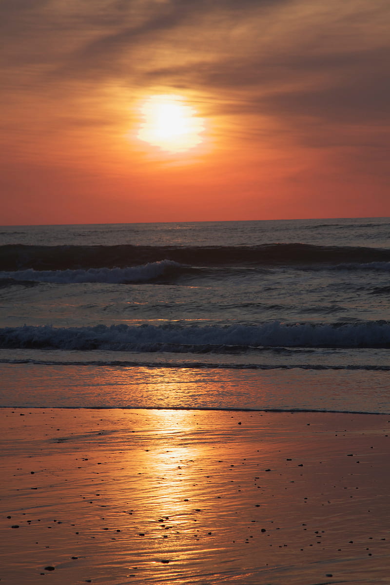 sunset, sun, sea, beach, glare, HD phone wallpaper