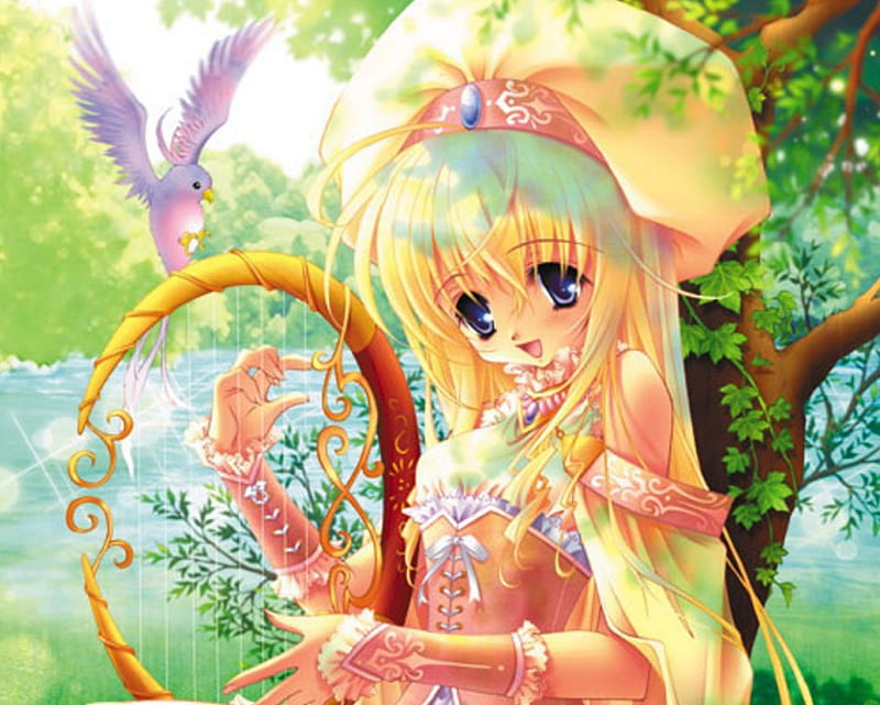 Harp of Nature, plant, yellow, wing, sweet, instrument, anime, feather, harp, anime girl, long hair, wings, lovely, gown, blonde, happy, cute, water, cap, scenic, dress, woods, scenery, blue eyes, forest, female, view, blonde hair, smile, hat, kawaii, tree, girl, bird, nature, scene, HD wallpaper