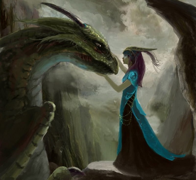 her only friend, fantasy, girl, mountains, dragon, abstract, HD wallpaper