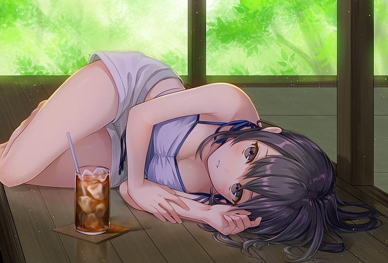 It Is Hot, house, home, glasses, tired, adorable, tea, lazy, anime, bore, hot, drink, anime girl, shirt, female, window, juice, floor, boredom, cube, sexy, cute, kawaii, water, girl, lay, pant, ice, lady, short haot, maiden, laying, HD wallpaper