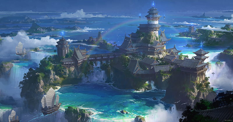 Fantasy castle by Lok Du, fantasy, water, luminos, lok du, castle, blue, sea, view from the top, world, art, HD wallpaper